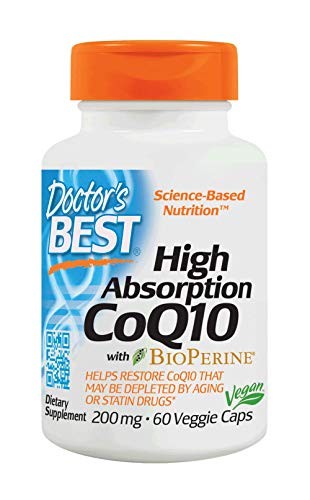 Doctor's Best High Absorption CoQ10 with BioPerine, Gluten Free, Naturally Fermented, Vegan, Heart Health and Energy Production, 200 mg 60 Veggie Caps