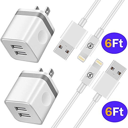 NNICE Phone Charger 6Ft with Wall Plug, 6 Feet Charging Cable Cord and Dual Port UL Certified USB Wall Charger Adapter Compatible with Phone XS/XS Max/XR/X/ 8/7/ 6S Plus, 5C/ 5S/ SE, Pad, Pod(4 in I)