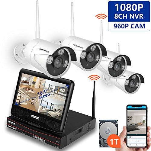 SMONET Security Camera System Wireless,Full HD 8CH 1080P Video Security System with 1TB HDD,4pcs 960P Wireless IP Cameras,with 10.1inches Monitor,P2P,Easy Remote View