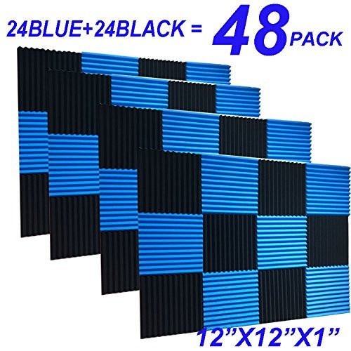 48 Pack Black blue 1" x 12" x 12" Acoustic Wedge Studio Foam Sound Absorption Wall Panels