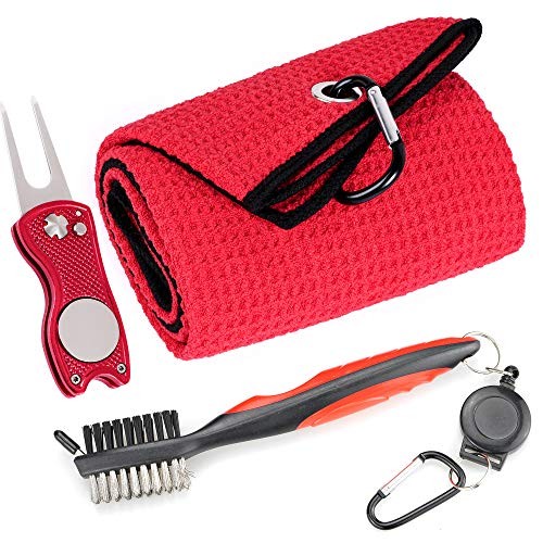 Mile High Life Microfiber Waffle Pattern Golf Towel | Club Groove Cleaner Brush | Foldable Divot Tool with Magnetic Ball Marker (Red Towel/Brush/Fish Divot)