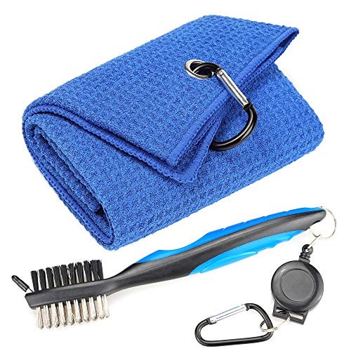 Mile High Life Microfiber Waffle Pattern Tri-fold Golf Towel | Brush Tool Kit with Club Groove Cleaner, Retractable Extension Cord and Clip (Blue Towel+Blue Brush)