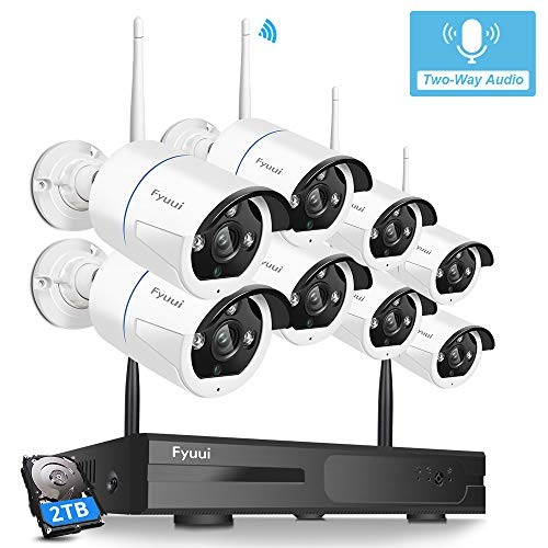 【Two-Way Audio】 Security Camera System Wireless, Fyuui 1080P 8 Channel Wireless Surveillance NVR with 2TB Hard Drive, 8pcs 2.0 Megapixel (1920×1080P) WiFi IP Bullet Camera Outdoor Indoor,Remote Access