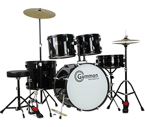 Gammon Percussion Full Size Complete Adult 5 Piece Drum Set with Cymbals Stands Stool and Sticks, Black