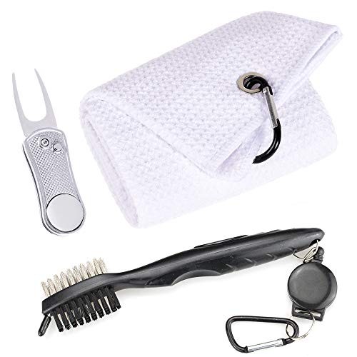 Mile High Life Microfiber Waffle Pattern Golf Towel | Club Groove Cleaner Brush | Foldable Divot Tool with Magnetic Ball Marker (White Towel/Brush/Bone Divot)