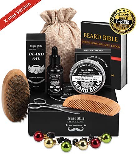 UPGRADED Beard Kit for Men Dad Beard Growth Grooming & Trimming - Unscented Leave-in Conditioner Oil, Shampoo Wash, Mustache Balm Wax, Brush, Comb, Scissors & Shaping Template Tool, Best Perfect Gift