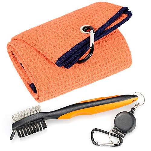 Mile High Life Microfiber Waffle Pattern Tri-fold Golf Towel | Brush Tool Kit with Club Groove Cleaner, Retractable Extension Cord and Clip (Orange Towel+Orange Brush)