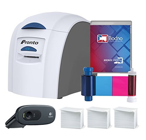 Magicard Pronto ID Card Printer and XL Supplies Package (1 - MA300ymcko / 300 - CR80 30ML White PVC Cards / 1 Photo ID Camera) with Bodno Bronze Edition ID Software