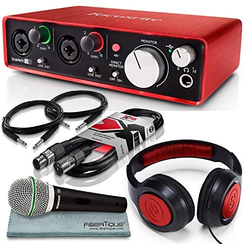 Focusrite Scarlett 2i2 (2nd Gen) USB Audio Interface W/Deluxe Bundle, Cables, Samson Headphone + Samson Microphone + FiberTique Cleaning Cloth