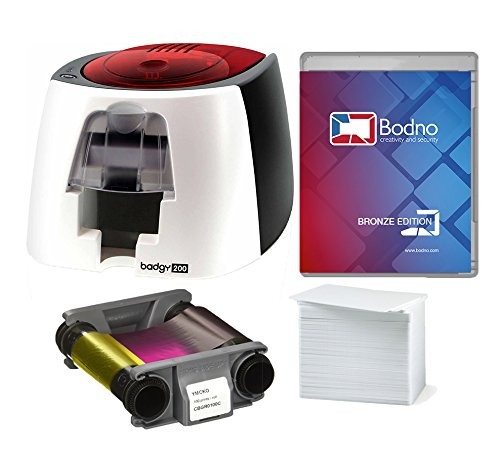 Badgy200 Color Plastic ID Card Printer with Complete Supplies Package with Bodno Bronze Edition ID Software