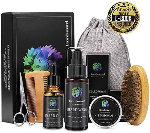 Lionbeard Beard Growth Grooming & Trimming Kit for Men Dad Beard Care - Beard Shampoo Wash, Unscented Beard Conditioner Oil, Mustache & Beard Balm, Beard Brush, Comb, Scissors, Perfect Gifts for Him