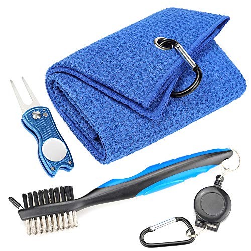 Mile High Life Microfiber Waffle Pattern Golf Towel | Club Groove Cleaner Brush | Foldable Divot Tool with Magnetic Ball Marker (Blue Towel/Brush/Fish Divot)