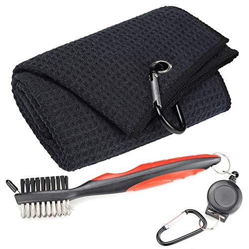 Mile High Life Microfiber Waffle Pattern Tri-fold Golf Towel | Brush Tool Kit with Club Groove Cleaner, Retractable Extension Cord and Clip (Black Towel+Red Brush)