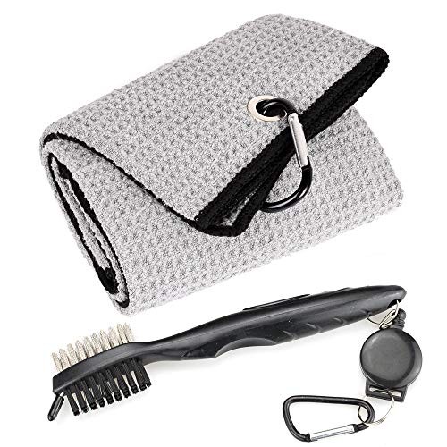 Mile High Life Microfiber Waffle Pattern Tri-fold Golf Towel | Brush Tool Kit with Club Groove Cleaner, Retractable Extension Cord and Clip (Gray Towel+Black Brush)