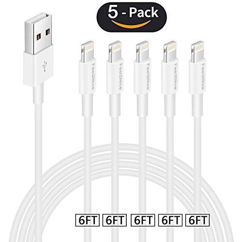 FEEL2NICE iphoen Charger Cable 5 Pack 6ft USB Cable for Charge Cable and Charging Cord Sync Wire Compatible with X XS Max XR /8/8 Plus / 7/7 Plus / 6/6 Plus / 5S / iPad/iPod, White