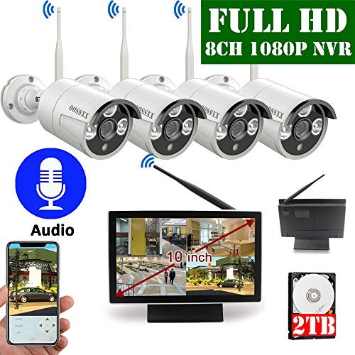 【2020 Update】 10 inch Screen HD 1080P OOSSXX 8-Channel Outdoor Wireless Security Camera System,4pcs 1080P Wireless IP67 Weatherproof IP Cameras with Audio,P2P,App, 2TB Hard Drive