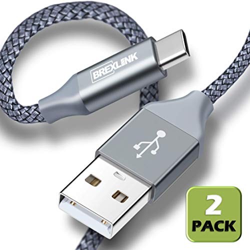 BrexLink USB Certified Type C Cable, USB C to USB A Charger (6.6ft, 2 Pack), Nylon Braided Fast Charging Cord for Samsung Galaxy S9 S8 Note 8, Pixel, LG V30 G6 G5, Nintendo Switch, OnePlus 5 3T (Grey)