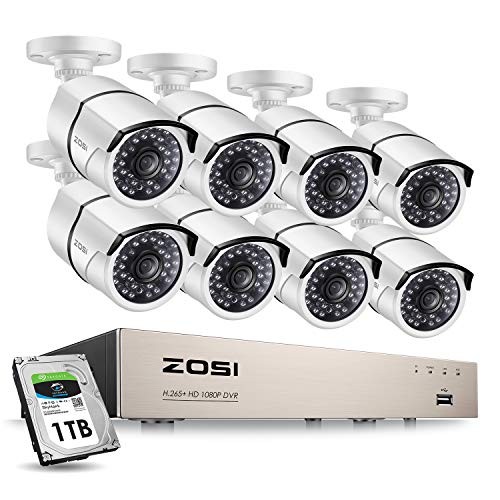 ZOSI 8CH 1080P Home Security Camera System H.265+ 8Channel 1080P HD-TVI CCTV DVR Recorder and 8pcs 1080P HD Weatherproof CCTV Cameras 100ft Night Vision,Easy Remote Access 1TB Hard Drive