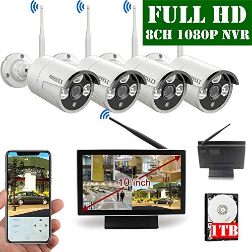 【2020 Update】 10 inch Screen HD 1080P 8-Channel Outdoor Wireless Security Camera System,4pcs 1080P Wireless IP67 Weatherproof IP Cameras,70FT Night Vision,P2P,App, 1TB Hard Drive