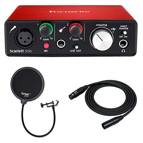 Focusrite Scarlett Solo (2nd Gen) USB Audio Interface with Pro Tools with Knox Pop Filter and XLR Cable Bundle