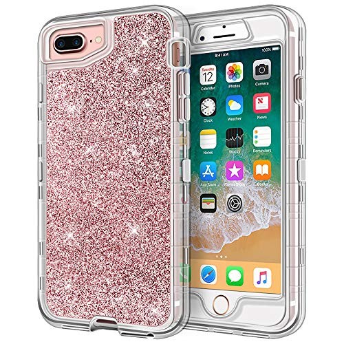 iPhone 8 Plus Case, iPhone 7 Plus Case, Anuck Crystal Clear 3 in 1 Heavy Duty Defender Shockproof Full-body Protective Case Hard Shell Soft TPU Bumper Cover for iPhone 7 Plus/8 Plus, Rose Gold Glitter