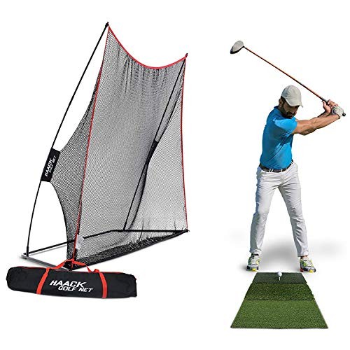 Rukket 3pc Golf Bundle | 10x7ft Haack Golf Net | Tri Turf Hitting Mat | Carry Bag | Practice Driving Indoor and Outdoor | Golfing at Home Swing Training Aids | by SEC Coach Chris Haack