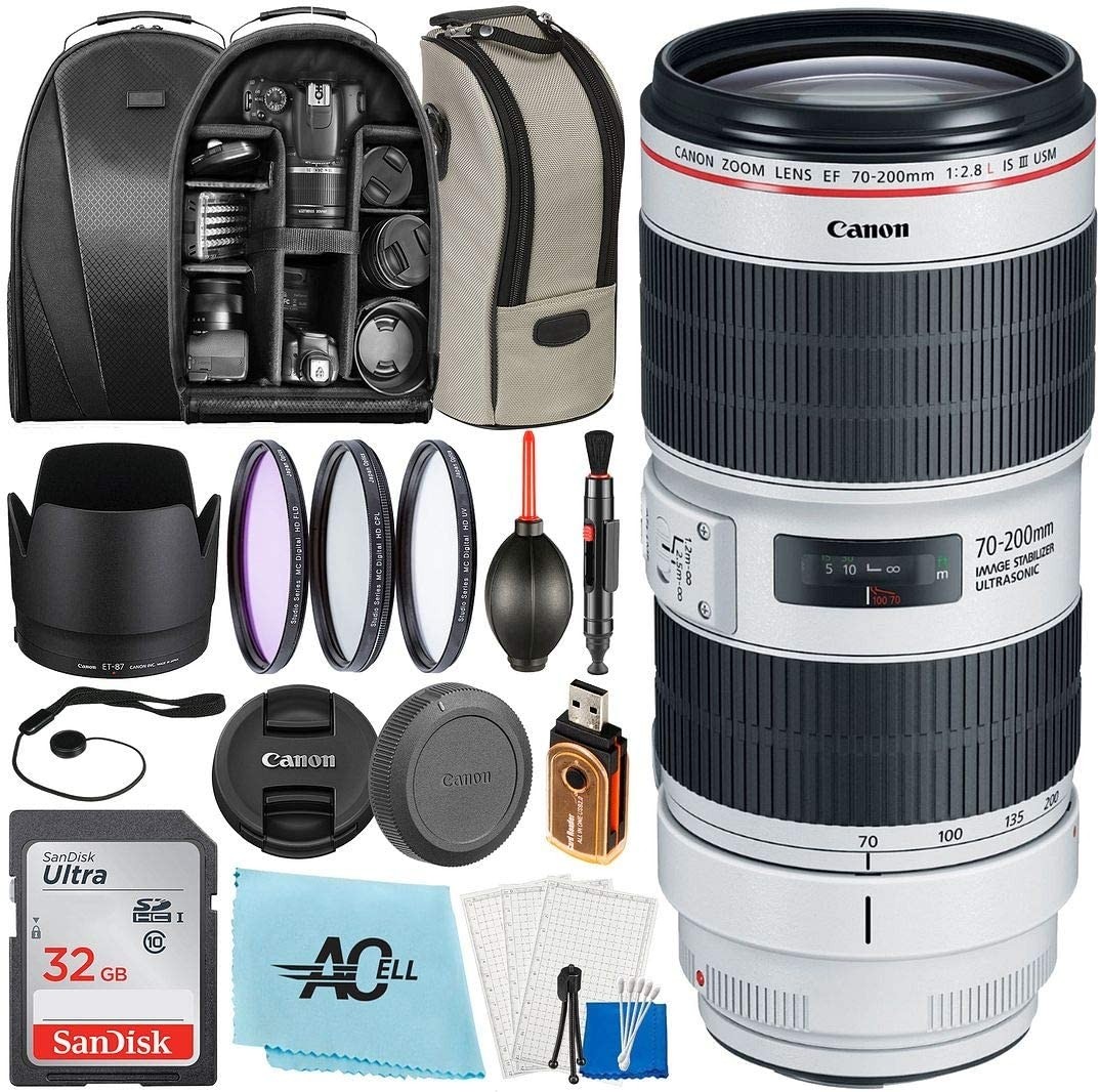 Canon EF 70-200mm f/2.8L is III USM Lens for Digital SLR Cameras with SanDisk 32GB Memory Card, Backpack, Case Bag, 3 pcs Filter and A-Cell Accessories Bundle (White - 3044C002) 