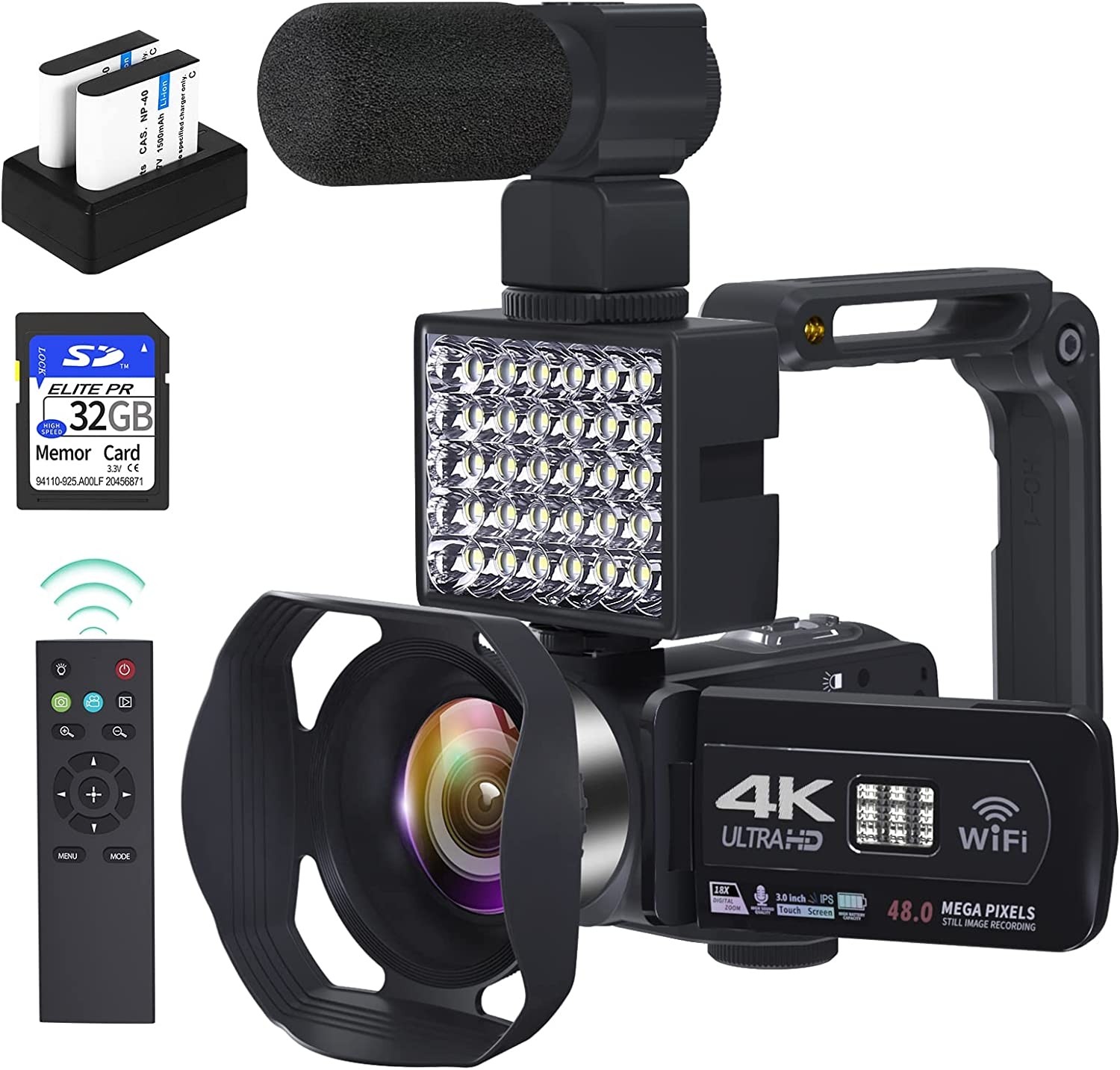 Video Camera Camcorder,4K Camcorder Vlogging Camera for YouTube with 32GB SD Card 2 Fill Lights Microphone WiFi UHD 48MP 60FPS Remote 18X Zoom 3.0" Rotatable Touch Screen, VETEK
