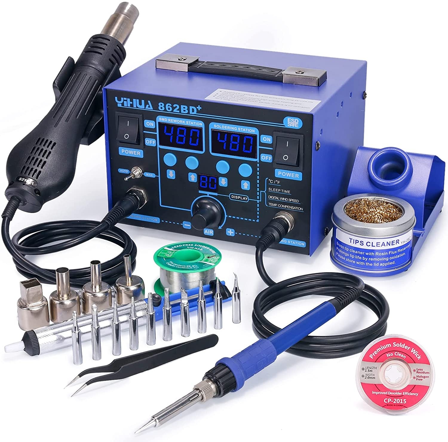 YIHUA 862BD+ SMD Hot Air Rework Station and Soldering Station, 2 in 1 Station with Temperature Stabilization Function and Electronic DIY Projects Rework Repair 