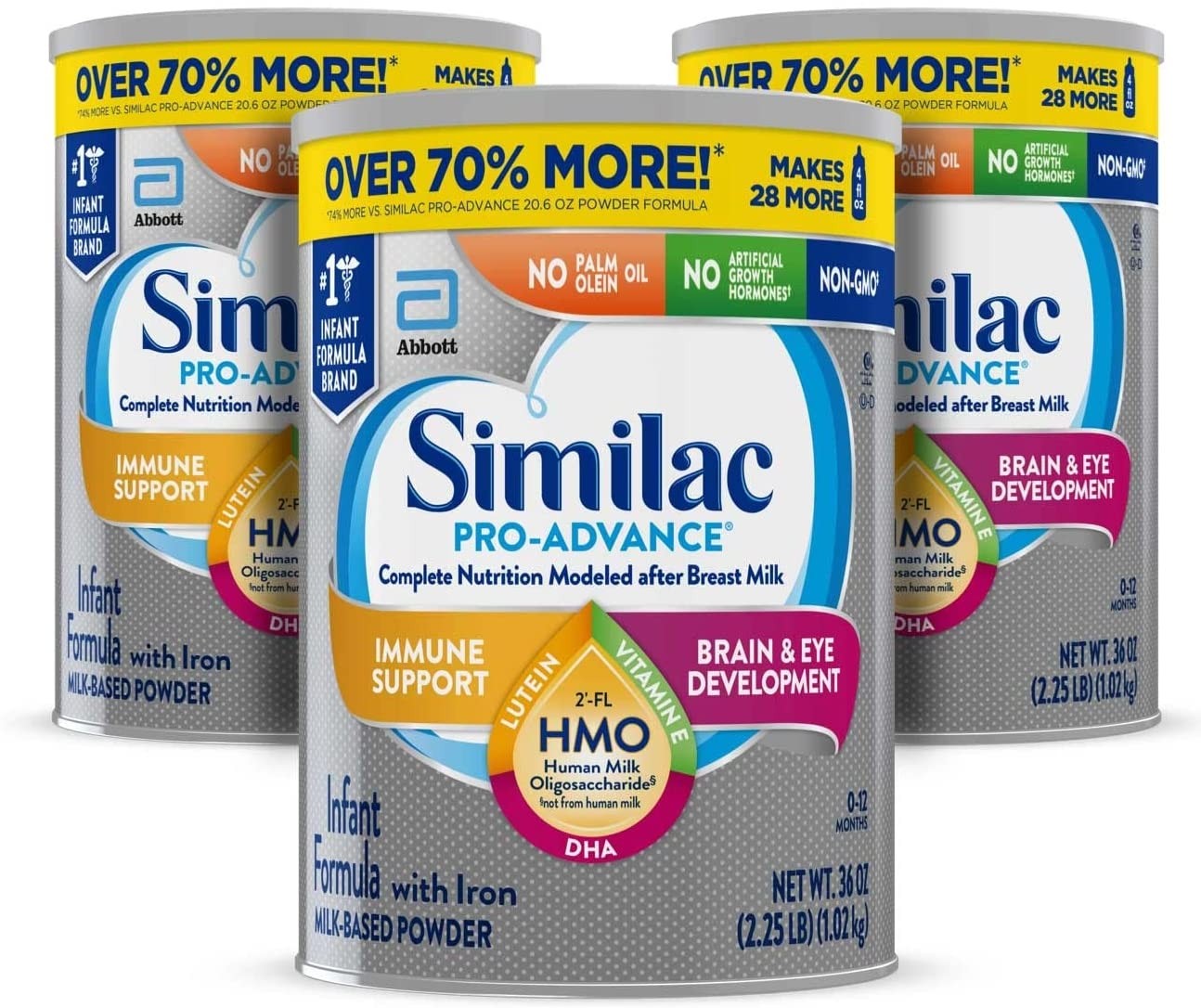 Similac Pro-Advance®* Infant Formula with Iron, 3 Tins, 1.02 KG each, with 2’-FL HMO for Immune Support, Non-GMO, Baby Formula Powder, 36-Ounce Cans 