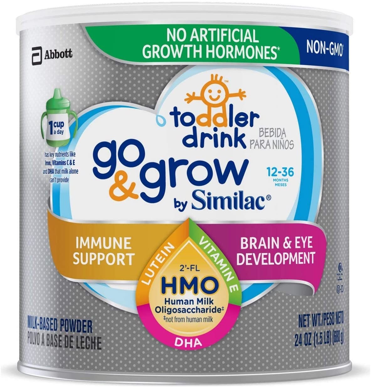 Go & Grow by Similac Toddler Drink with 2’-FL HMO for Immune Support, with 25 Key Nutrients to Help Balance Toddler Nutrition, Non-GMO Milk-Based Powder, 24-Oz Can 