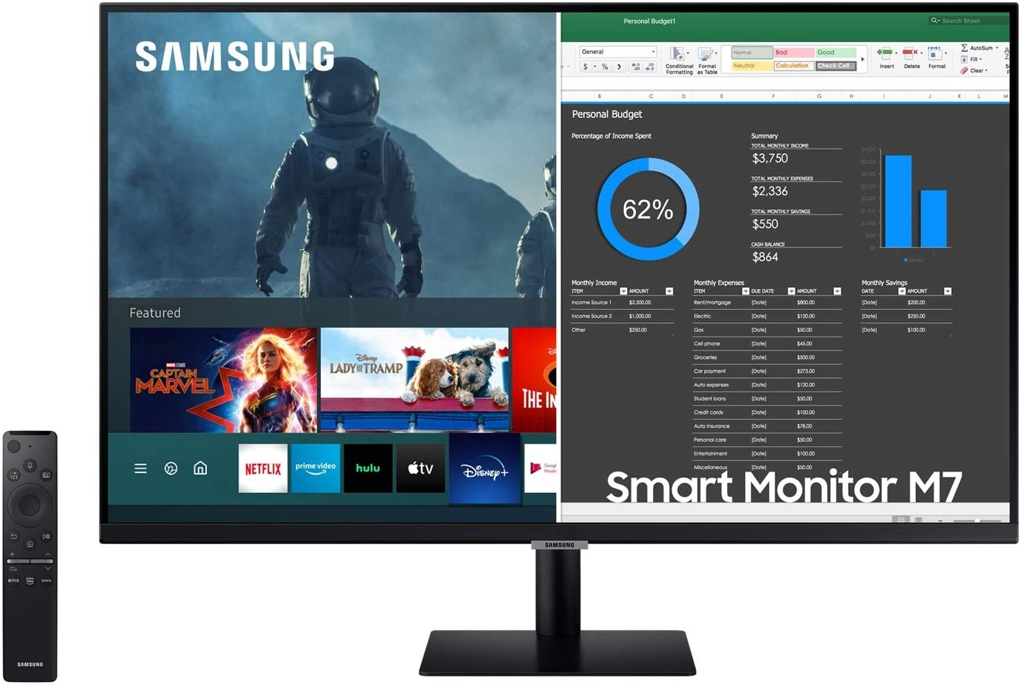 SAMSUNG 32-inch M7 Smart Monitor with Mobile Connectivity, 4K UHD, Remote Access, Office 365 (LS32AM702UNXZA), Black