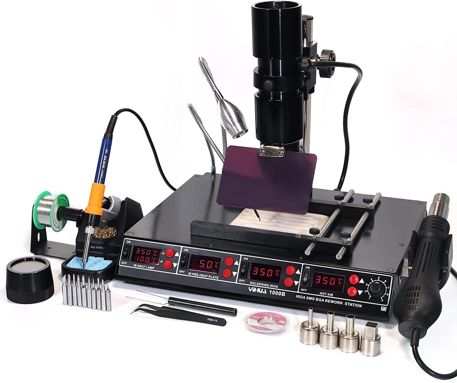 YIHUA 1000B Hot Air Station Soldering Station Infrared Lamp Preheater 4-in-1 SMD BGA Rework Station with 20 Pcs Soldering and Desoldering Accessories