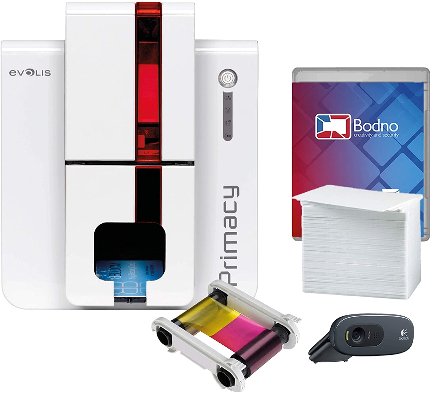 Evolis Primacy Single Sided ID Card Printer & Complete Supplies Package with Bodno Bronze Edition ID Software 