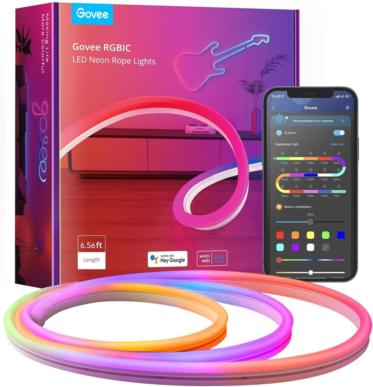 Govee RGBIC Neon Rope Lights, 6.56ft LED Rope Lights with Music Sync, DIY Shape, Works with Alexa and Google Assistant, LED Strip Lights for Bedroom, Gaming Room Christmas Decor 