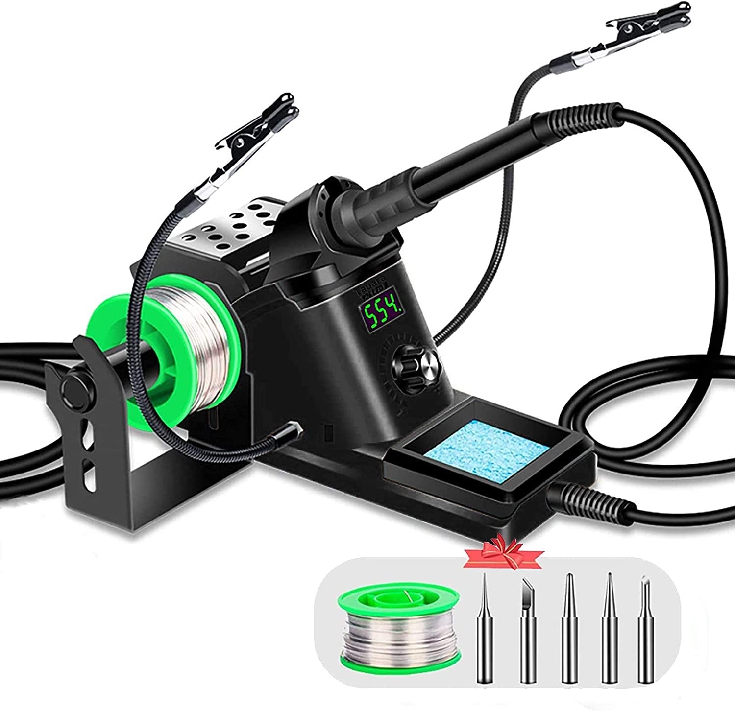 Tauara Soldering Station, 60W Digital Soldering Iron Station, 90°C-480°C Adjustable Temperature, C/F Switch, 5 Extra Solder Tips, 2 Helping Hands