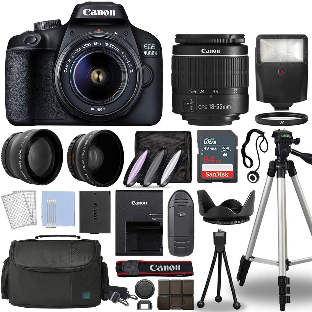 Canon EOS 4000D / Rebel T100 Digital SLR Camera Body w/Canon EF-S 18-55mm f/3.5-5.6 Lens 3 DSLR Kit Bundled with Complete Accessory Bundle + 64GB Flash & More - International Model (Renewed), Black 