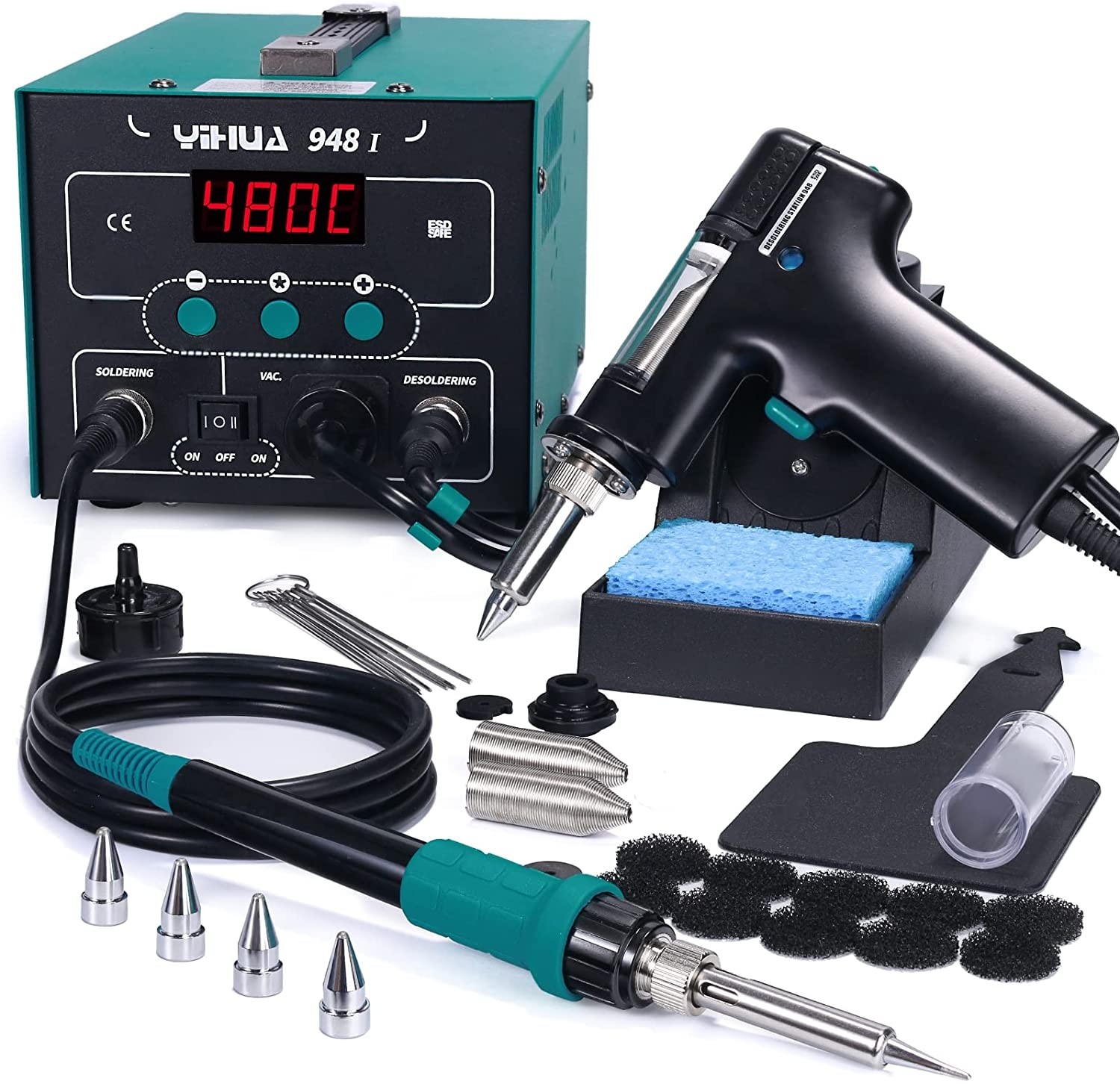 YIHUA 948-I Soldering Desoldering Station 2-in-1 with Soldering Iron and Desoldering Gun (Vacuum Pump Built-in) with Sleep Mode, Digital Calibration 