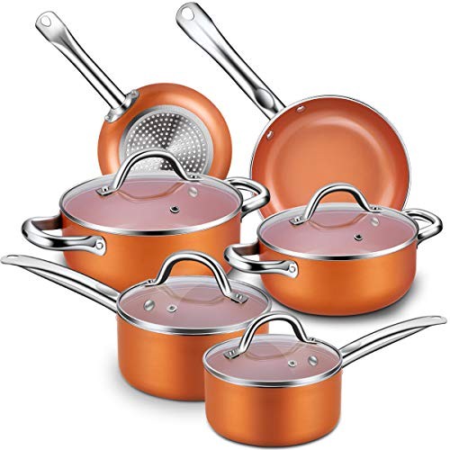 Nonstick Cookware Set, CUSINAID 10-Piece Aluminum Cookware Sets Pots and Pans Set, Fry Pan, Sauce Pan, Stock Pot with Glass Lids for Stovetops/Induction Cooktops, Dishwasher/Oven Safe(Copper)