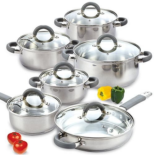 Cook N Home 02410 Stainless Steel 12-Piece Cookware Set, Silver