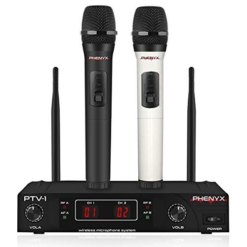 Wireless Microphone System, Phenyx Pro VHF Cordless Mic Set With 2 Handheld Mics, Color Coding, Easy Setup, Best for Home Use, Church, Youtube, Karaoke, Party Events (PTV-1A)