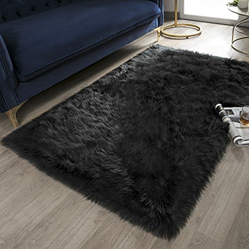 Ashler Soft Faux Rectangle Fur Chair Couch Cover Black Area Rug for Bedroom Floor Sofa Living Room Rectangle 3 x 5 Feet