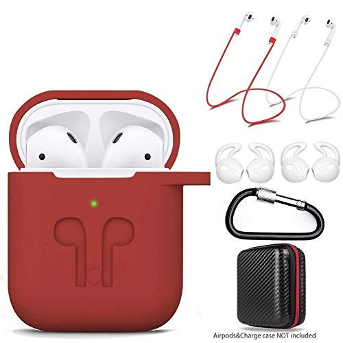 amasing AirPods Case 7 in 1 for Airpods 1&2 Accessories Kits Protective Silicone Cover for Airpod Gen1 2 (Front Led Visible) with 2 Ear Hook /2 Staps/1 Clips Tips Grips/1 Zipper Box Red