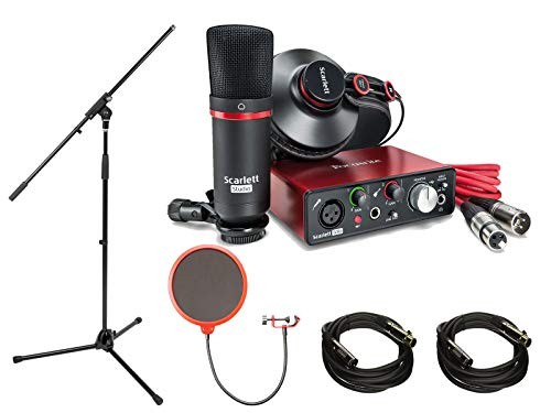 Focusrite Scarlett Solo Studio Pack 2nd Gen & Recording Bundle w/ Pro Tools, Includes, Universal Pop Filter Microphone Wind Screen,10 Premier Series XLR Male-XLR Female 16AWG Cable&Microphone Stand