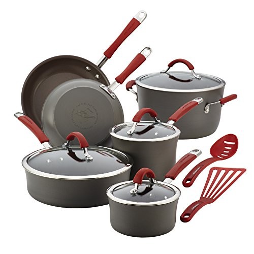 Rachael Ray Cucina Hard-Anodized Aluminum Nonstick Pots and Pans Cookware Set, 12-Piece, Gray, Cranberry Red Handles