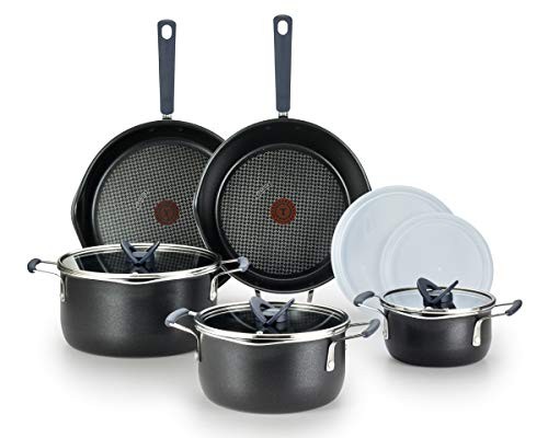 T-fal B210SA One Stackables Titanium Nonstick 10 Pieces Cookware Set, Multifunctional, Dishwasher Safe, Black