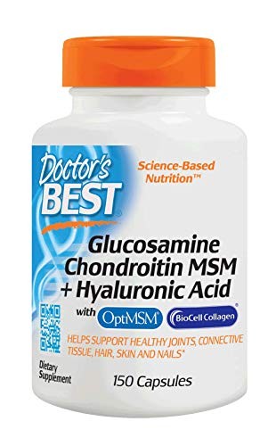 Doctor's Best Glucosamine Chondroitin MSM + Hyaluronic Acid with OptiMSM & BioCell Collagen, Joint Support, Non-GMO, Gluten Free, Soy Free, 150 Caps