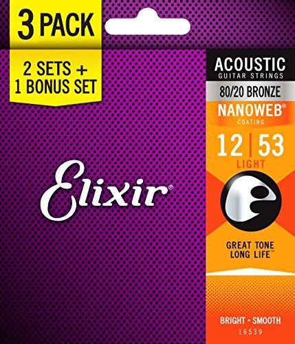 Elixir Strings 16539 Light 80/20 Bronze Nanoweb Acoustic Guitar Strings 3-Pack (.012.053)