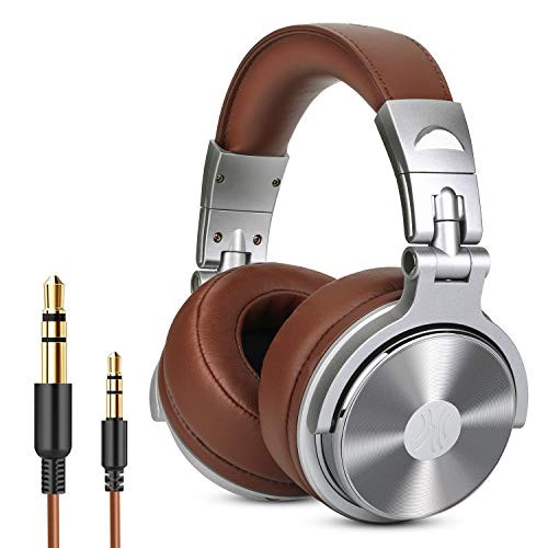 Over Ear Headphone, Wired Premium Stereo Sound Headsets with 50mm Driver, Foldable Comfortable Headphones with Protein Earmuffs and Shareport for Recording Monitoring Podcast PC TV- with Mic (Silver)