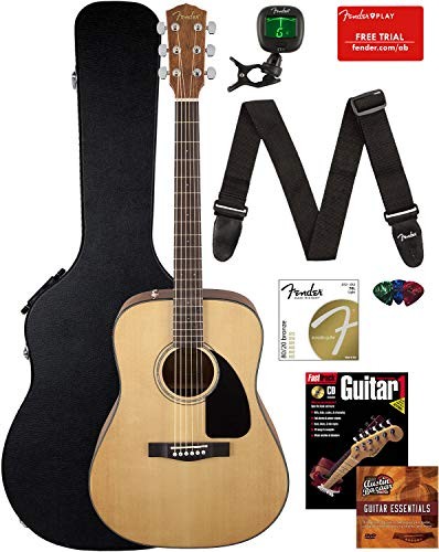 Fender CD-60 Dreadnought Acoustic Guitar - Natural Bundle with Hard Case, Strap, Tuner, Strings, Picks, Instructional Book, and Austin Bazaar Instructional DVD